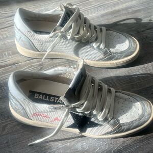 Golden Goose Silver and White Sneakers with Black Star
